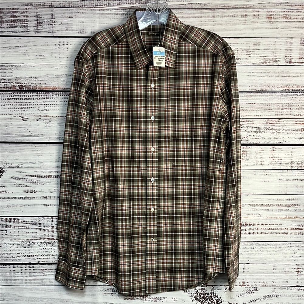 NWT J. McLaughlin Gramercy Plaid Mens M Button Up LS Casual Dress Shirt Tan